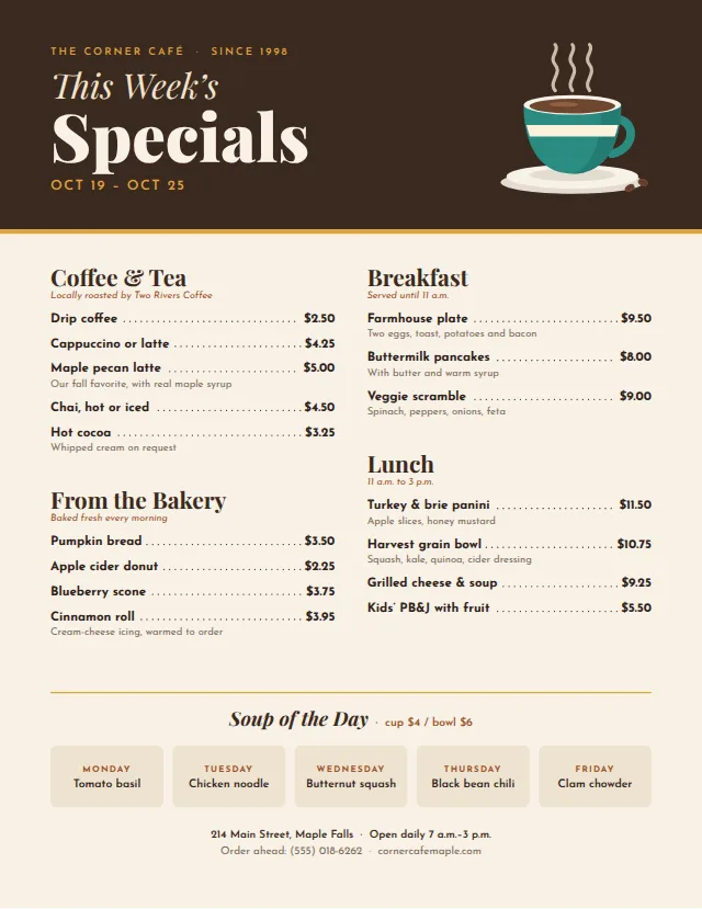The Café Menu & Specials template