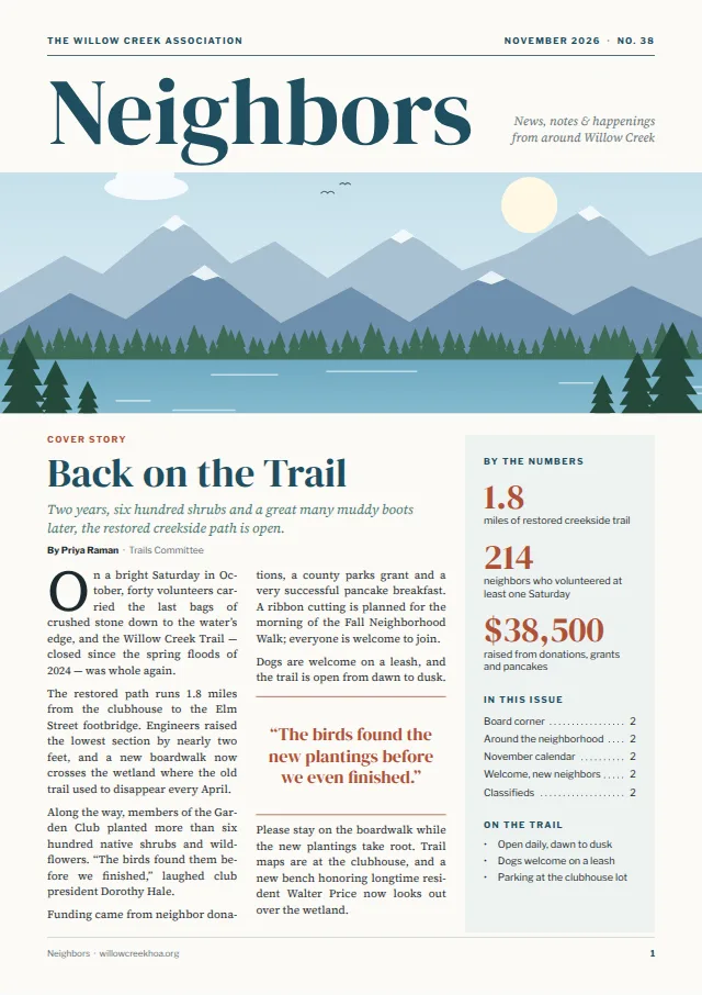 A neighborhood newsletter laid out in Acta, with a cover story in two columns